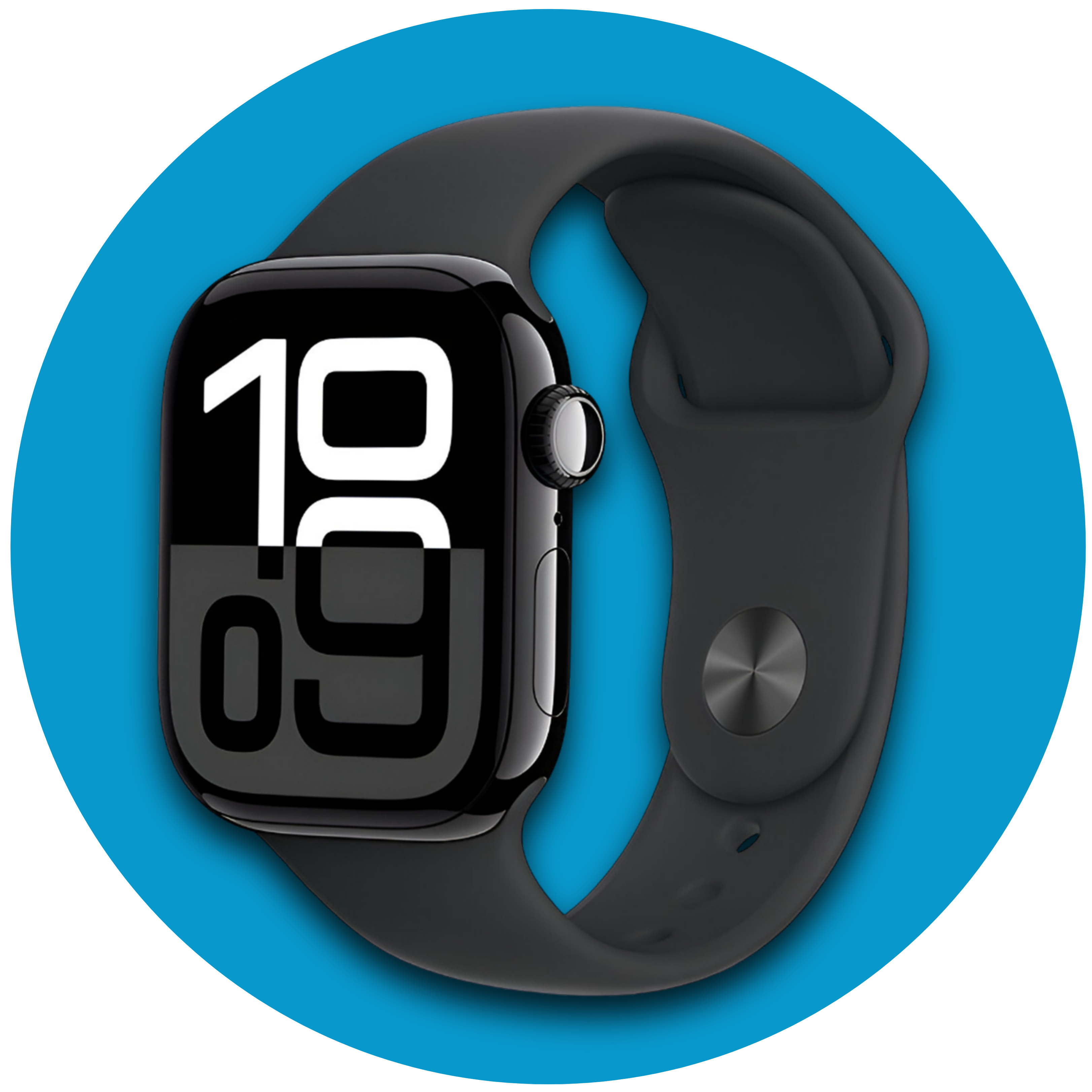 Smartwatch with a black band on a blue circular background
