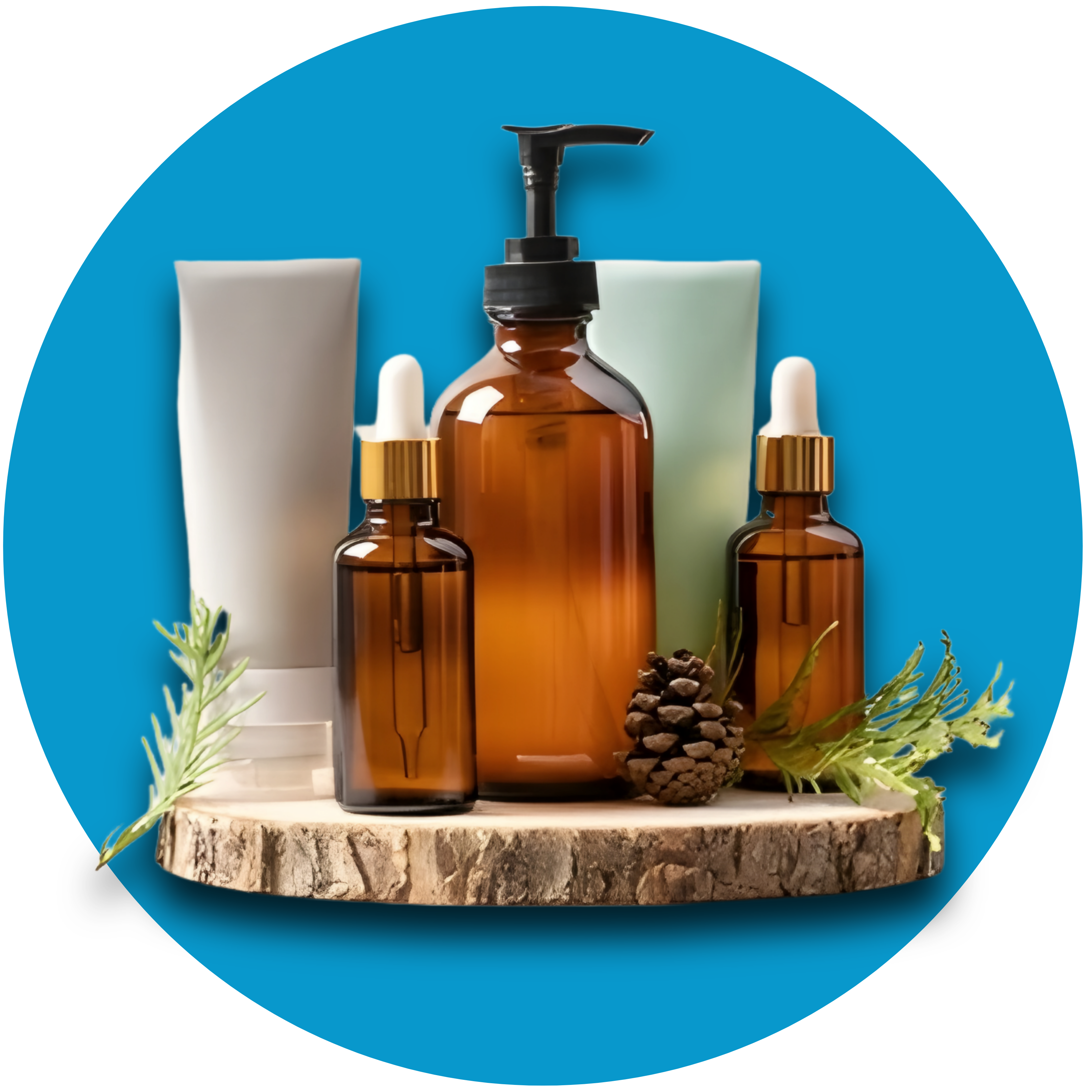 Set of natural skincare products including bottles and a tube on a wooden platform with a blue circular background.