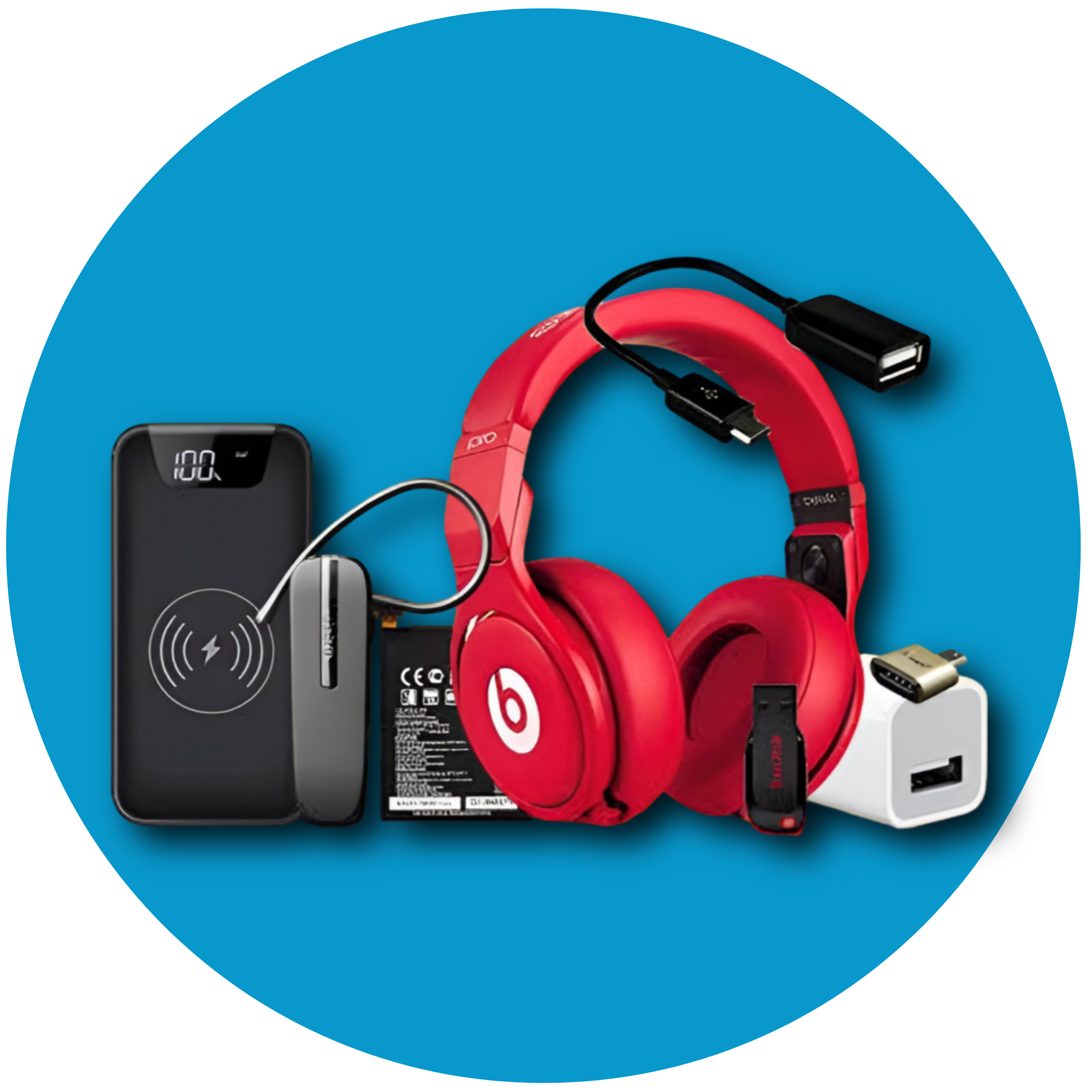 Red Beats headphones with charging cable on a blue background
